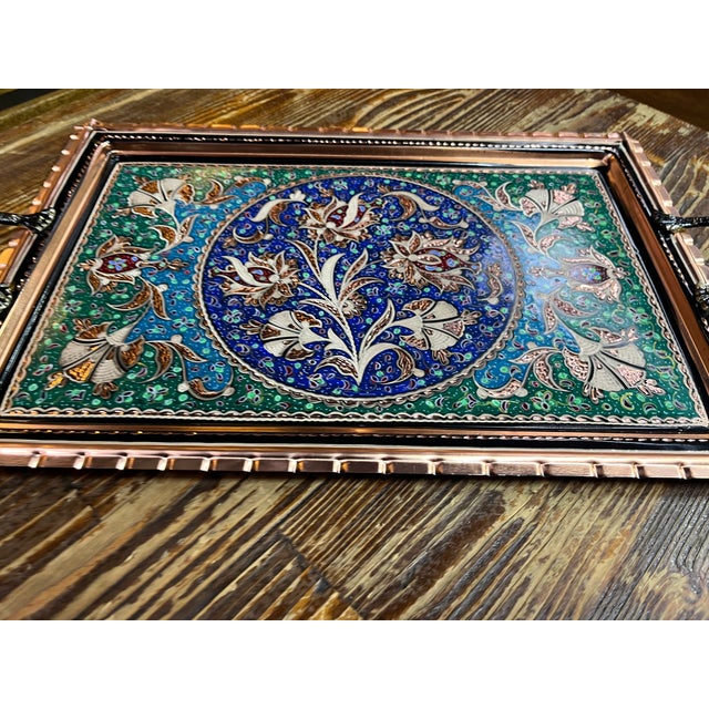 Blue Colorful Etched Copper Tray with Handles For Sale - Image 8 of 11