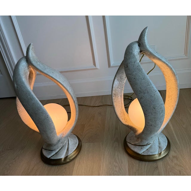Fabulous, Large Postmodern "Flame" Sculptural Lamps - Faux Stone & Gilt - A Pair For Sale - Image 10 of 11