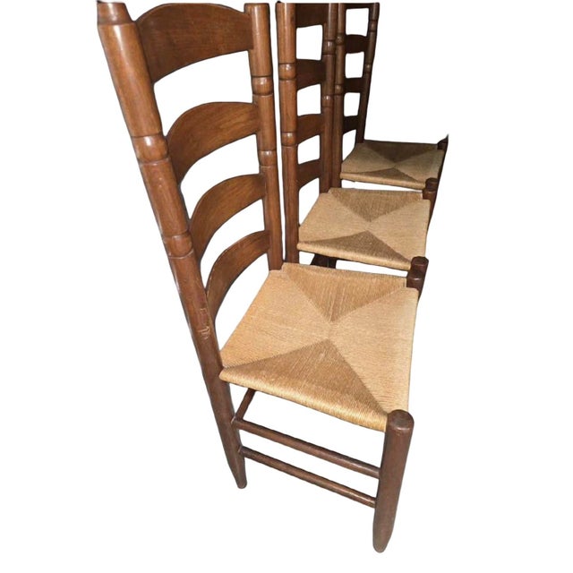 Brown Vintage American Tall Ladder-Back Rush Seat Dining Chairs — Set of 3 For Sale - Image 8 of 11