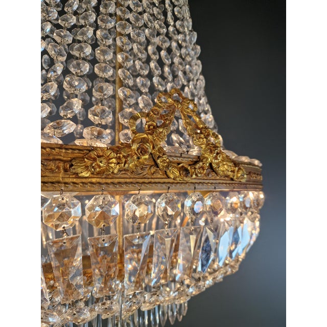 Vintage Empire Neoclassical Crystal Basket Brass Crystal Chandelier For Sale - Image 6 of 11