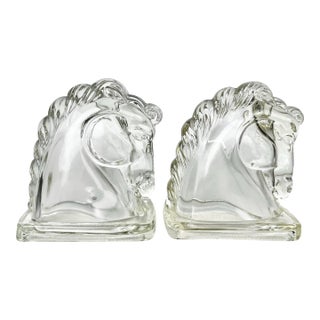 Vintage Art Deco Federal Glass Horse Head Bookends- A Pair For Sale