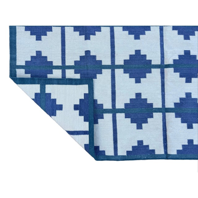 Casa Cosima Handmade Cotton Vegetable Dyed Area Rug, Cream, Blue and Teal Blue Star Striped Dhurrie - 9'x12' For Sale - Image 4 of 10