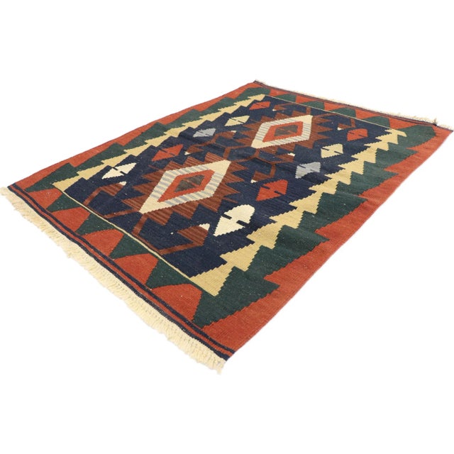 Vintage Persian Shiraz Kilim Rug with Tribal Style 03'00 x 04'01. Full of tiny details and a bold expressive design...