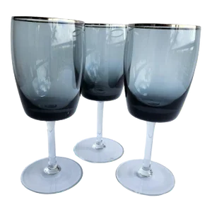 1970s Water Goblets in Midnight Mist/Smoke With Platinum Rim by Gorham Crystal, Set of 3