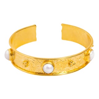 Pearl & Gold Boho Chic Cuff Bracelet For Sale