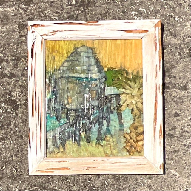 American Vintage Boho Original Oil Painting on Board With Cypress Frame For Sale - Image 3 of 5