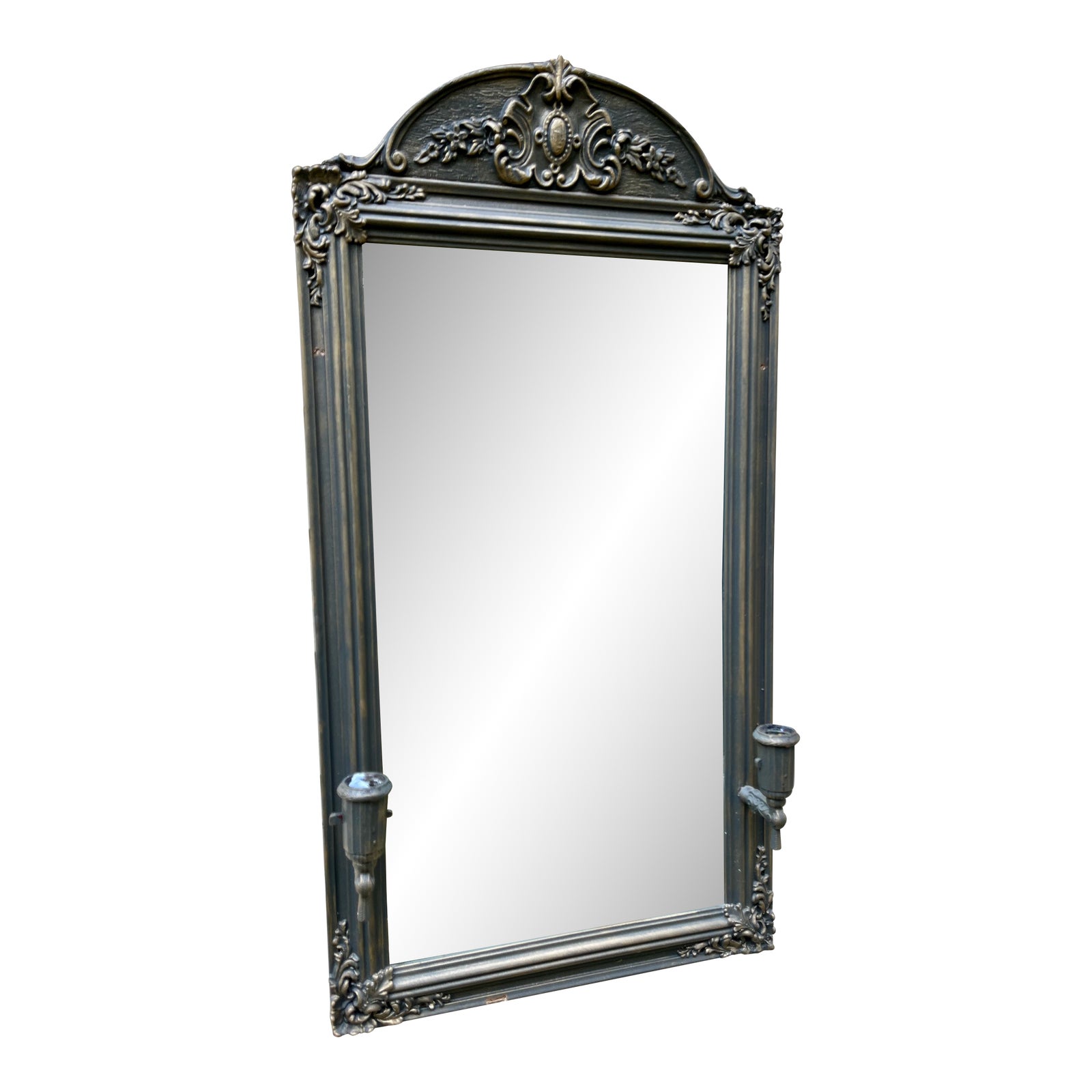 Art Nouveau Etched Mirror With Fixed Sconces Gold Frame Crest of