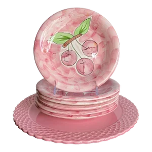 Hand Painted Italian Pink Cherries Ceramic Serving Set - 7 Pieces