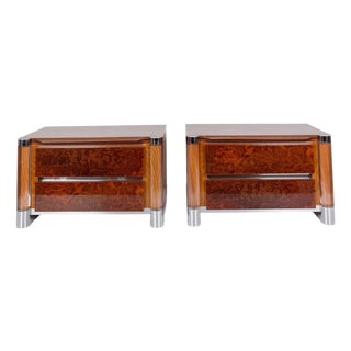 Mid-Century Burl Wood, Chrome and Acrylic Glass Nightstands, 1970s, Set of 2 For Sale