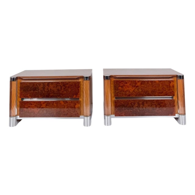 Mid-Century Burl Wood, Chrome and Acrylic Glass Nightstands, 1970s, Set of 2 For Sale