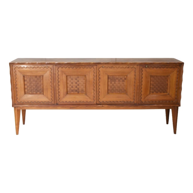 Walnut Credenza with Checkerboard Marquetry attributed to Paolo Buffa, 1950s For Sale