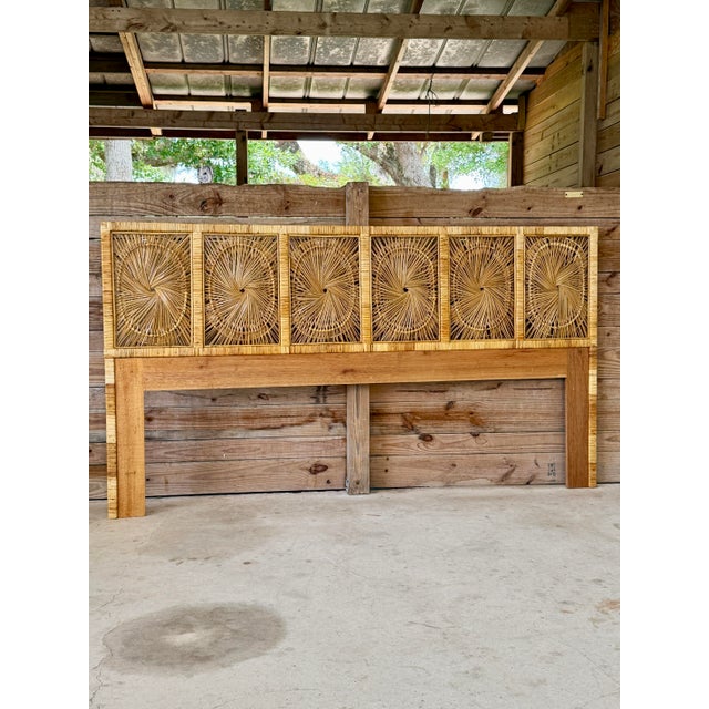 Vintage Boho Coastal King-Size Sunburst Rattan Headboard For Sale - Image 12 of 12