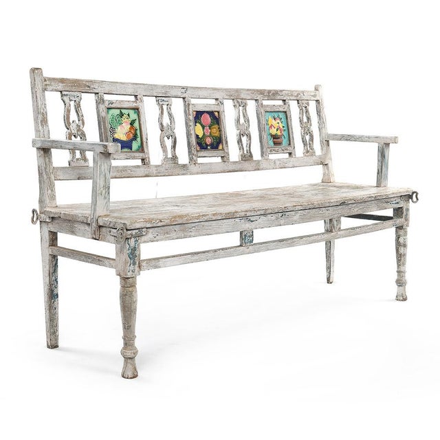 Wooden Bench with 3 Glazed Tiles For Sale - Image 8 of 8