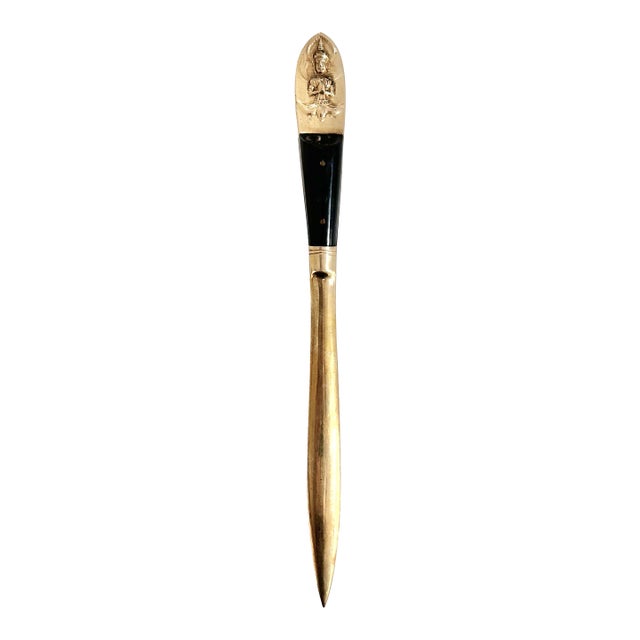 Vintage Thai Brass Letter Opener – Figural Deity Handle With Black Enamel, Mid-Century Desk Accessory For Sale