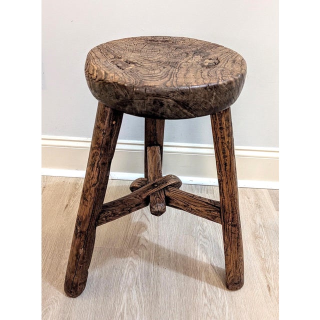 Early 20th Century Antique Primitive Chinese Elm Wood Stool - 1920s Wabi-Sabi For Sale - Image 5 of 13