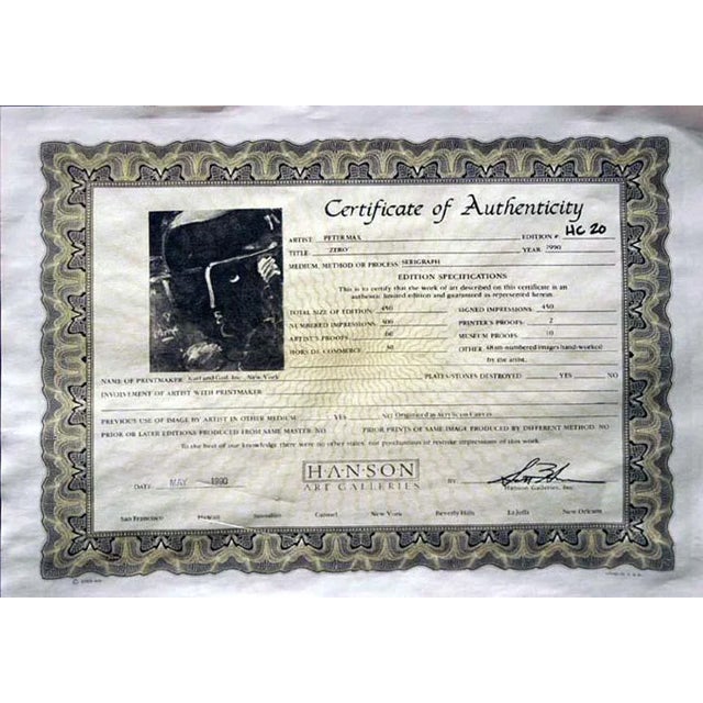 Pink 1990 Peter Max "Zero" From Ioae Suite Original Limited Edition Serigraph, Framed For Sale - Image 8 of 10