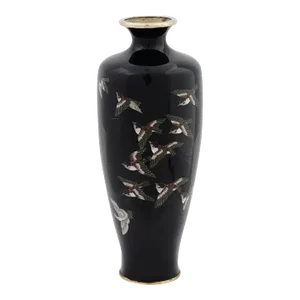 Antique Meiji Japanese Cloisonne Black Enamel 11 Sparrows on Vase
