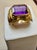 Purple 6 Carat Emerald Cut Amethyst Unisex Bezel Set Cocktail Ring in 18 Kt Yellow Gold For Sale - Image 8 of 8