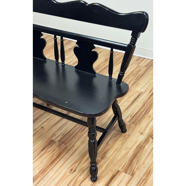 Vintage Early American Style Black Carved Wood Bench For Sale - Image 11 of 12