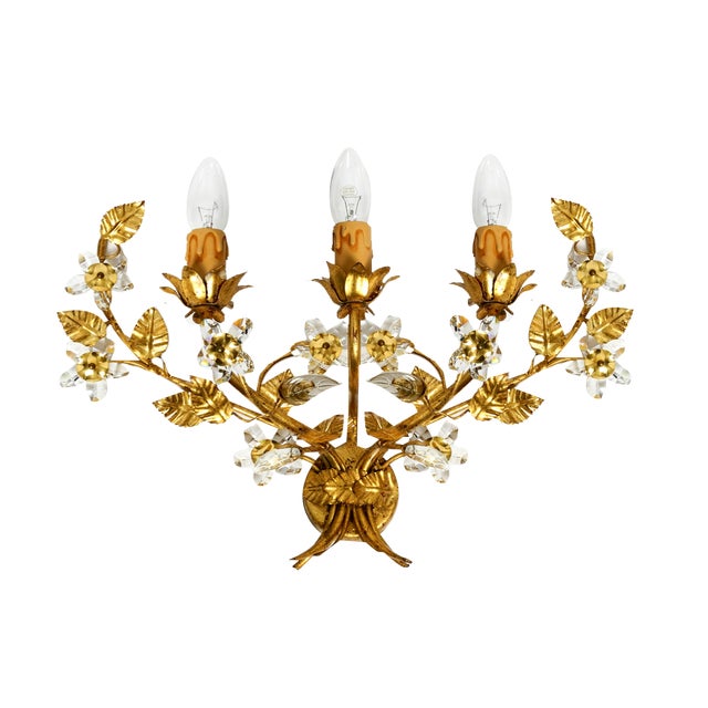 Large Italian Wide Gilt Florentine Wall Lamp with Three Sockets For Sale