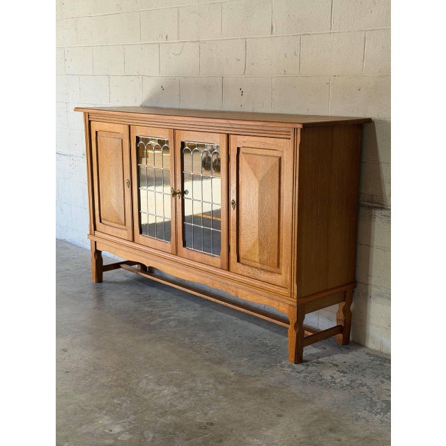 In Style of Henning Kjærnulf Oak Sideboard Credenza With Carved and Leaded Glass Doors Danish Mid-Century Modern 1970s For Sale - Image 4 of 11