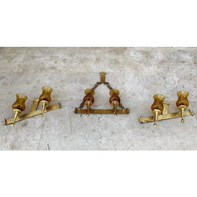 Mid-20th-Century Iron and Colored Glass Wall Lights, 1960s, Set of 3 For Sale - Image 3 of 18