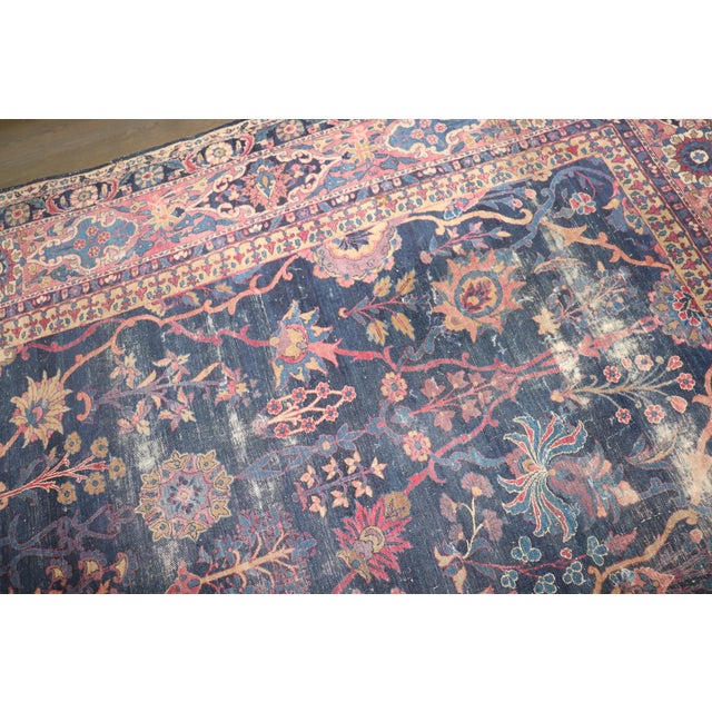 Antique Worn Navy Yazd Rug no. j5349 For Sale - Image 13 of 16