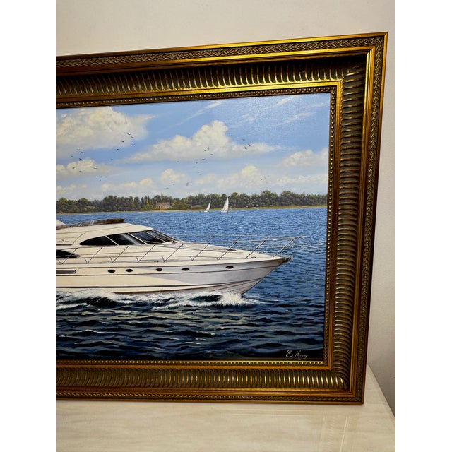 1990s British Nautical Oil Painting Windermere Lake District Ascendancy — Fairline Squadron 50 Yacht Under Cumbrian Skies Signed Edward Hersey Gilt Framed For Sale - Image 5 of 18