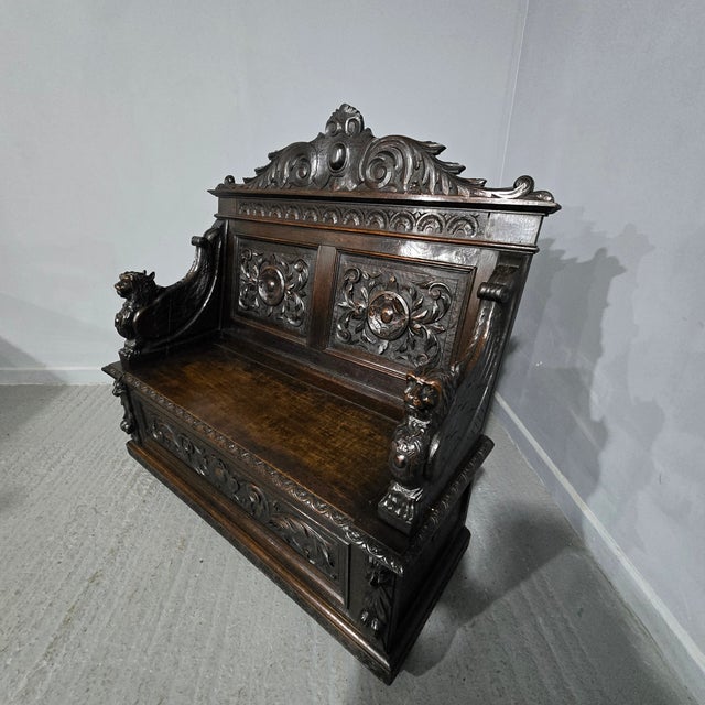 Antique Monks Hall Bench in Oak, 1880 For Sale - Image 10 of 17