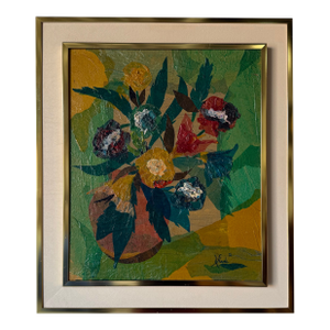 1980s Rhonda Mixed Media Floral Still Life Oil on Canvas Painting – Signed