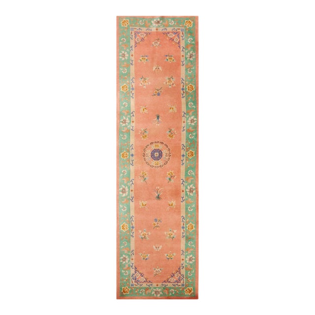 1930s Pink Rose Floral Antique Art Deco Runner Rug 3' X 11' Handknotted Wool Carpet For Sale