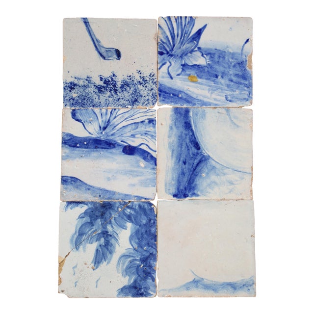 Antique Set of 6 Baroque Portuguese Tiles, 18th Century Blue & White Scenic and Botanical Details For Sale