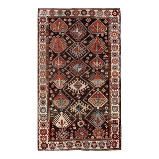 1890s Brown Geoemtric Tribal Antique Caucasian Kazak Rug 4'7" X 7'6" Knotted Wool Carpet For Sale