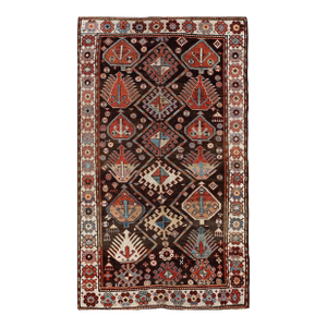 1890s Brown Geoemtric Tribal Antique Caucasian Kazak Rug 4'7" X 7'6" Knotted Wool Carpet