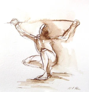 Brown Ink Male Figure Drawing 6" X 6"