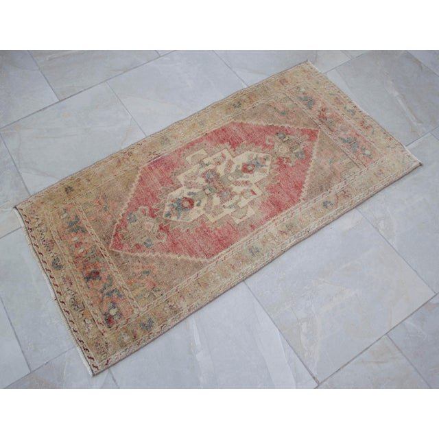 1970s Distressed Low Pile Turkish Yastik Petite Rug Faded Mat - 22'' X 44'' For Sale - Image 12 of 13