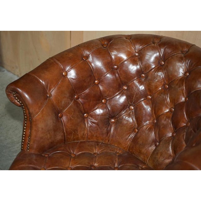 Hand-Dyed Brown Leather Chesterfield Club Tub Barrel Armchair with Brass Castors For Sale - Image 5 of 18