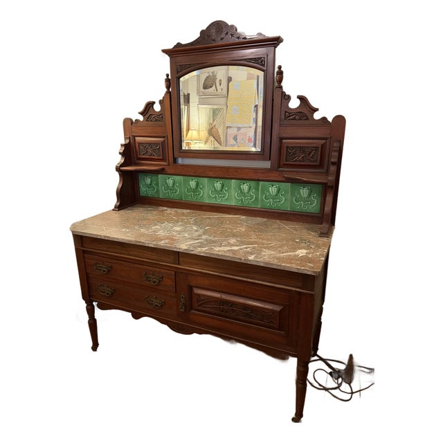 Antique English Walnut Dresser With Marble Top and Green Tile Backsplash For Sale