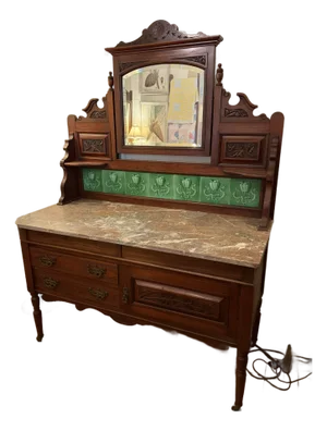 Antique English Walnut Dresser With Marble Top and Green Tile Backsplash