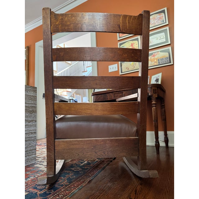 Antique Mission Oak Rocking Chair With New Leather Seat by Willow Branch Upholstery For Sale - Image 4 of 8