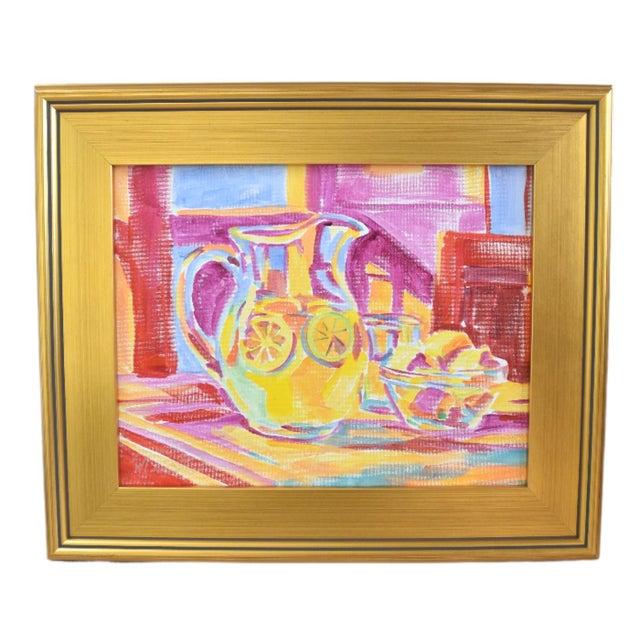 2020s Impressionist Pitcher Lemonade Painting Including the Anituqed Gold Wood Frame For Sale - Image 5 of 5