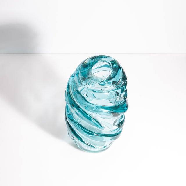 Modern Hand Blown Murano Gomitolo Vase in Aqua Blue Medium For Sale - Image 3 of 6