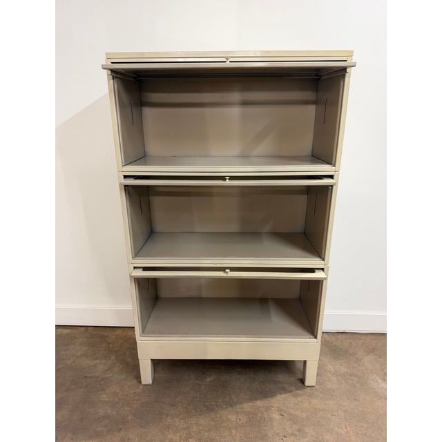 Vintage Industrial Steel Barrister Bookcases With Glass Lift-Up Doors For Sale - Image 10 of 12