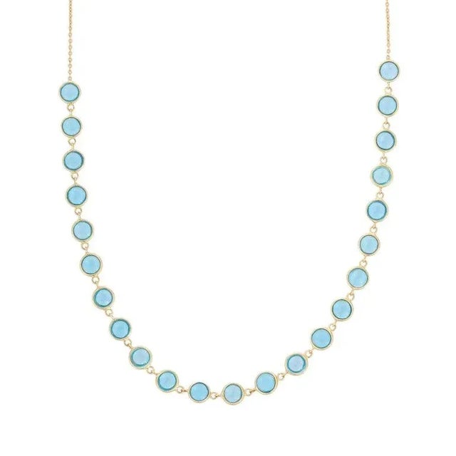 18k Yellow Gold 12.34ct Round Cabochon Blue Topaz Beaded Necklace For Sale