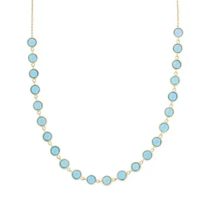 18k Yellow Gold 12.34ct Round Cabochon Blue Topaz Beaded Necklace