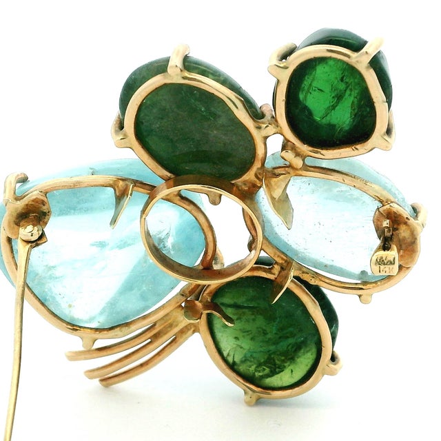 Italian Mid-Century Aquamarine & Green Tourmaline Floral Brooch in 14k Gold For Sale - Image 14 of 17