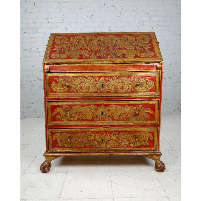 18th Century 18th Century Spanish Baroque Red & GIlt Painted Slant Front Desk For Sale - Image 5 of 12