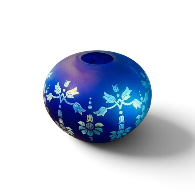 1980s Fenton Favrene Satin Sunflower Blue Art Glass-Etched-Cobalt Vase, Limited Edition For Sale - Image 9 of 11
