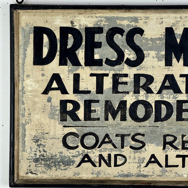 American Early 20th Century Seamstress Tin in Wood Frame Trade Sign "Dress Making Alteration Remodeling..." For Sale - Image 3 of 8