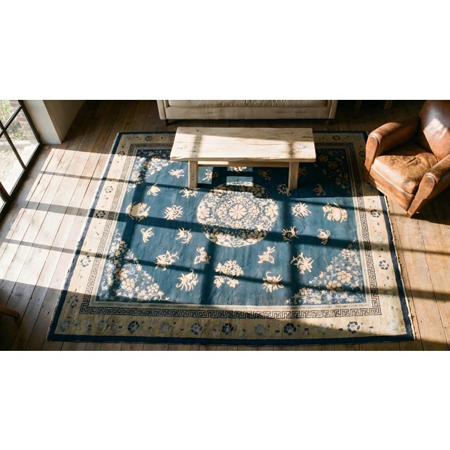 Outstanding Navy Color & Blue Rosette Beige Border With Geometric Design Antique Chinese Peking Rug For Sale - Image 9 of 11